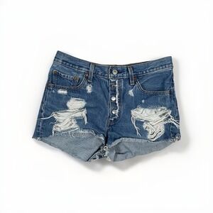 Levi's 501 Shorts Womens 28 Blue Denim High Rise Distressed Raw Hem Button Fly